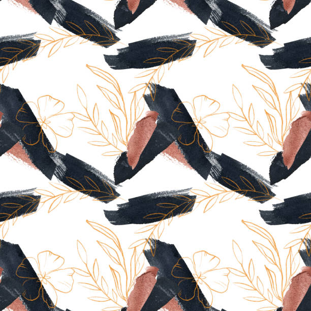 istock Watercolor black stains and gold flowers 1133553631
