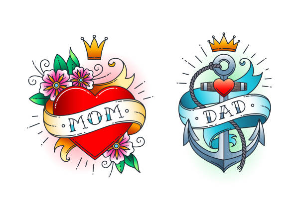 Set of Classic American tattoo - Heart with ribbon and anchor with ribbon. Set of Classic tattoo -  heart with flowers and word mom on ribbon. Anchor with rope and ribbon with word - dad.  Classic old school American retro tattoo. Vector illustration. banners tattoos stock illustrations