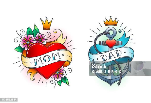 Set Of Classic American Tattoo Heart With Ribbon And Anchor With Ribbon  Stock Illustration - Download Image Now - iStock