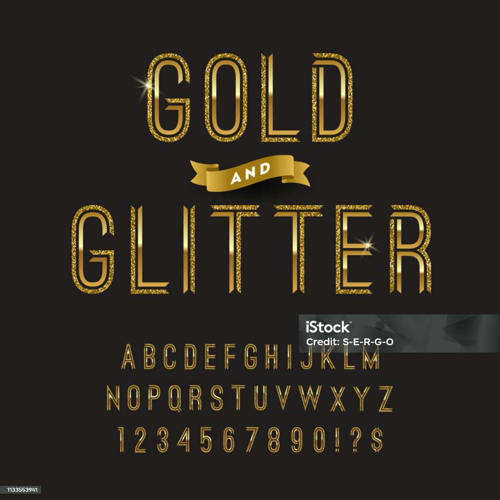 Gold and glitter typeface. Gold and glitter typeface. Vector golden font design, alphabet, typeface, letters and numbers.  Vector illustration. Glittering stock vector