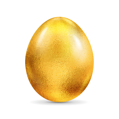 Chicken gift golden foil chocolate Easter egg isolated on white. Realistic vector 3d illustration. Egg mock up for patterns for feast of Easter. For creation of design templates labels and packaging