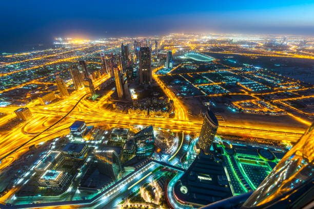 istock Aerial view on Sheikh Zayed Road, Dubai Downtown at dawn 1133559595