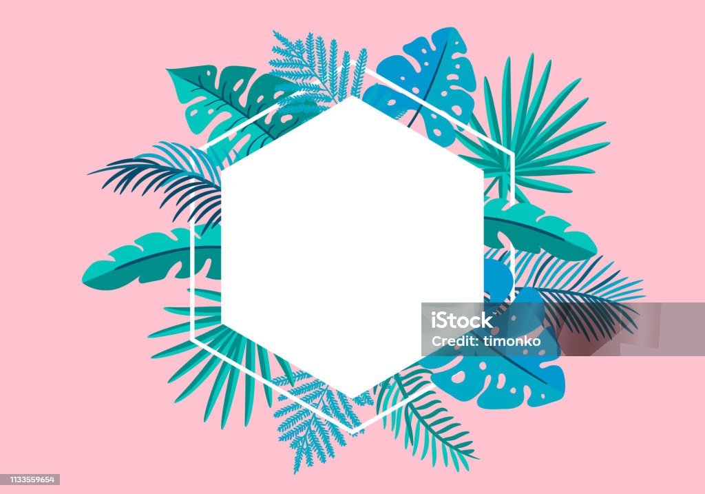 Summer Vector floral frame tropical leaves palm with place for text. color design elements for print, greeting card. isolated illustration on pink background Summer Vector floral frame tropical leaves palm with place for text. color design elements for print, greeting card. isolated illustration on pink background. Tropical Climate stock vector