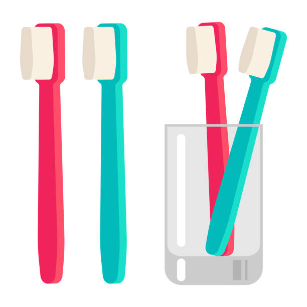 ilustrações, clipart, desenhos animados e ícones de toothbrush no copo de vidro ilustração lisa dos desenhos animados do vetor isolada em um fundo branco. - toothbrush dental hygiene glass dental equipment