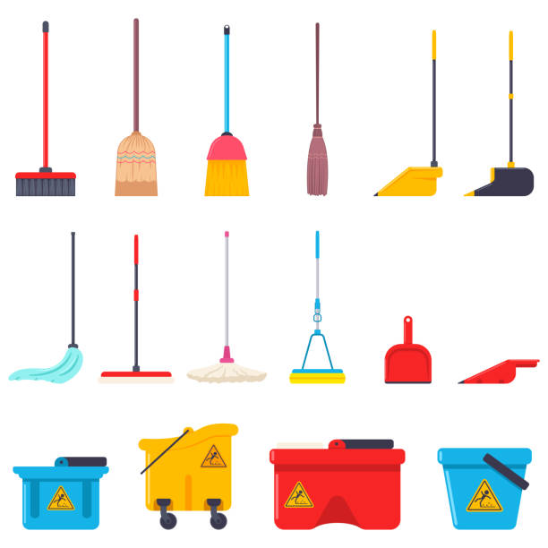 Broom, mop, dustpan and bucket vector cartoon flat set of cleaning house supplies isolated on a white background. Broom, mop, dustpan and bucket vector cartoon flat set. flat mop stock illustrations