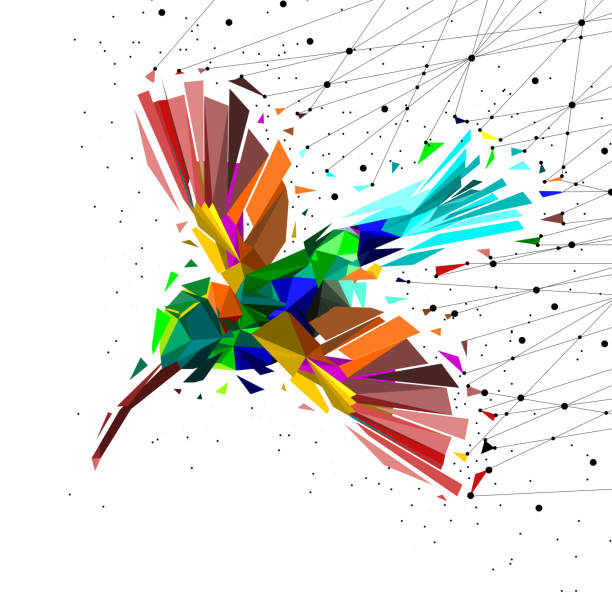 ポイント接続ネットワーク、動物の幾何学的概念、ベクトルと低ポリハチドリの概要。 - flying animal bird multi colored点のイラスト素材／クリップアート素材／マンガ素材／アイコン素材