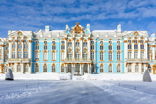 St. Petersburg, Russia - March 2019: Catherine palace and park in winter, Tsarskoe Selo (Pushkin)