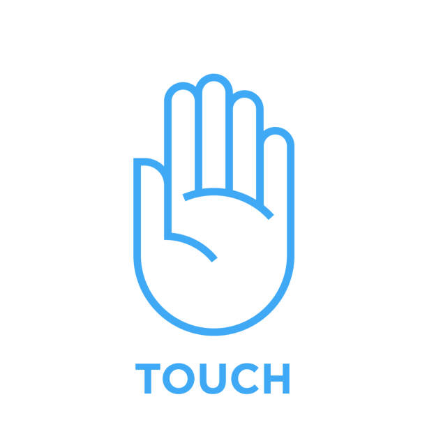 Hand touch icon Hand icon. Touch symbol. Human palm sign. Blue vector graphic line style illustration isolated on white background. open hand stock illustrations