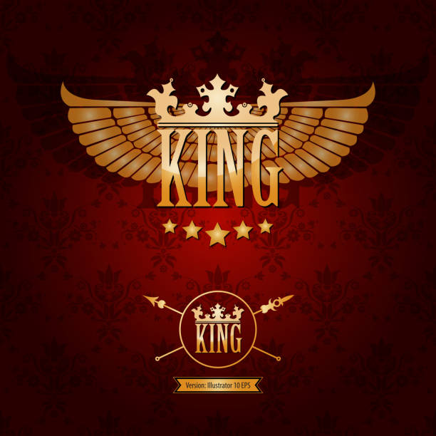 golden queen and king crown golden queen and king crown label design on classical decorative floral background, the canvas backdrop can be used as pattern seamless as well, medieval style, eps10 vector illustration red crown logo stock illustrations