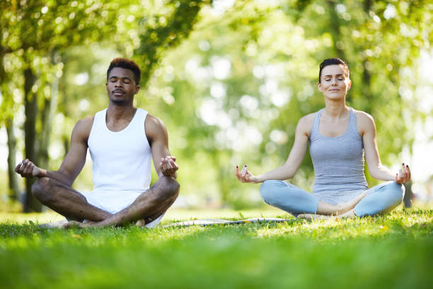 istock Calm couple doing yoga in park 1133568307