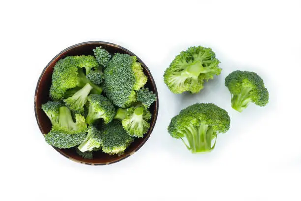 Photo of Broccoli into bowl wooden on white background.