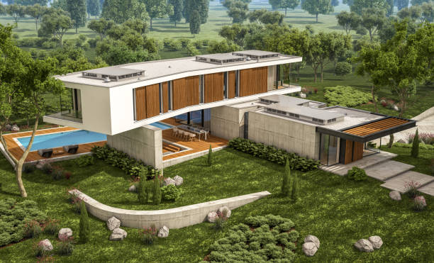 istock 3d rendering of modern house on the hill with pool 1133570455