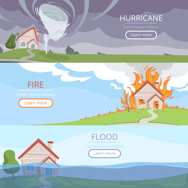 katastrophenhautwetterbanner. tsunami-vulkan windsturm regen haus schäden durch aufblitzende vektorbilder mit platz für text - flood stock-grafiken, -clipart, -cartoons und -symbole