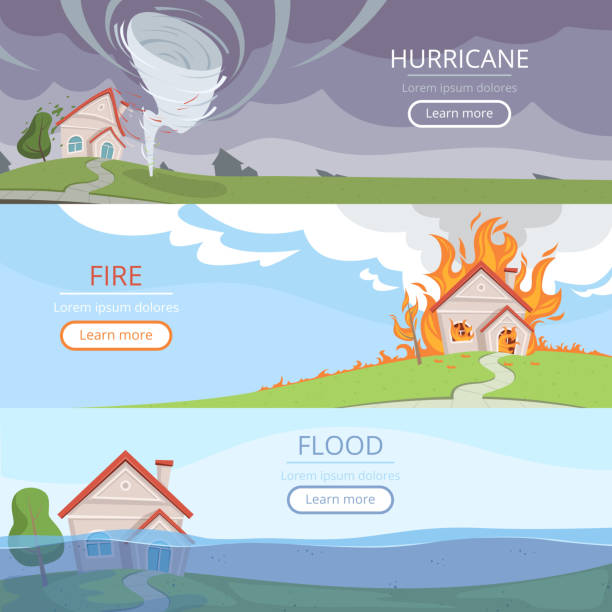 баннеры погоды бедствия. цунами вулкана буря дождь дом ущерб от освещения вектор фотографии с местом для текста - breaking wind stock illustrations