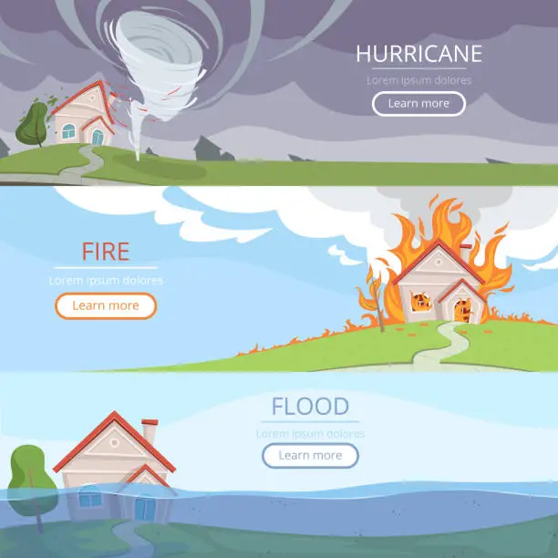 Vector illustration of Disaster weather banners. Tsunami volcano wind storm rain house damage from lightening vector pictures with place for text