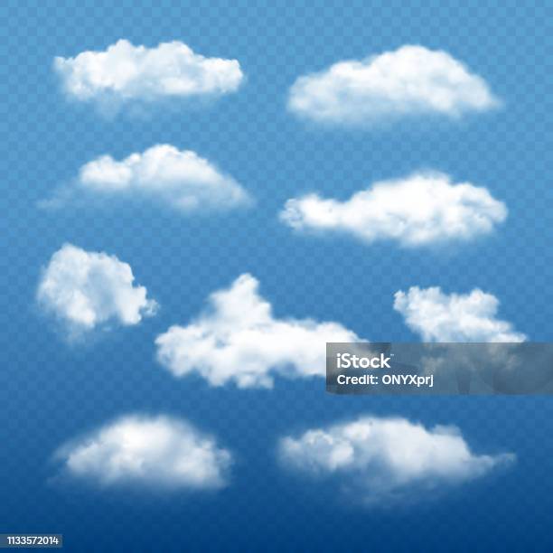 Ciel Nuageux Réaliste Beaux Nuages Blancs Condensation Collection Éléments Météorologiques Vecteur Vecteurs libres de droits et plus d'images vectorielles de Fonds de nuage
