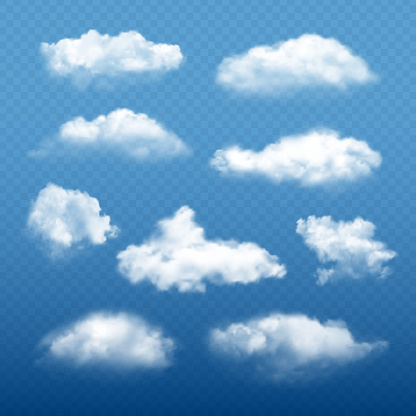 Cloudy sky realistic. Beautiful white clouds condensation collection vector weather elements. Illustration of cloudy meteorology, cumulus cloudscape