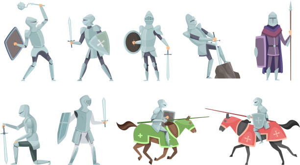 illustrations, cliparts, dessins animés et icônes de chevalier. chevaleresque prince médiéval combattants brutaux guerriers sur les illustrations de dessin animé vecteur de bataille de cheval - joute