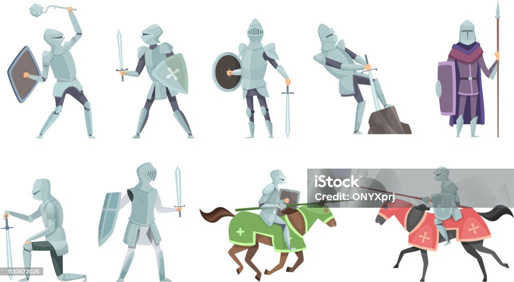 Riddare. Chivalry prins medeltida Fighters brutala krigare på häst slaget vektor tecknade illustrationer - Royaltyfri Riddare vektorgrafik