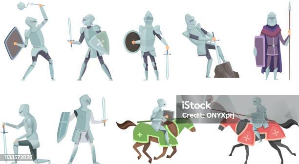 Knight Chivalry Prince Medieval Fighters Brutal Warriors On Horse Battle Vector Cartoon Illustrations Stock Illustration - Download Image Now