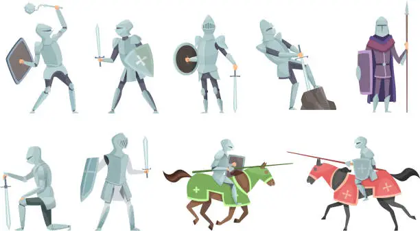 Vector illustration of Knight. Chivalry prince medieval fighters brutal warriors on horse battle vector cartoon illustrations