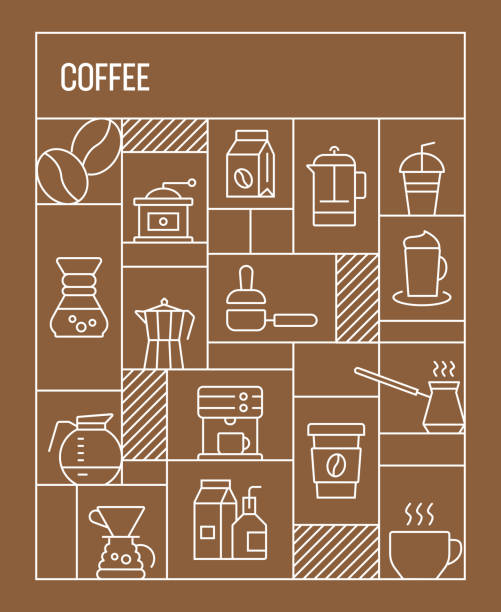 커피 컨셉. 커피 라인 아이콘 기하학적 복고풍 스타일 배너 및 포스터 개념 - coffee coffee crop sign cafe stock illustrations