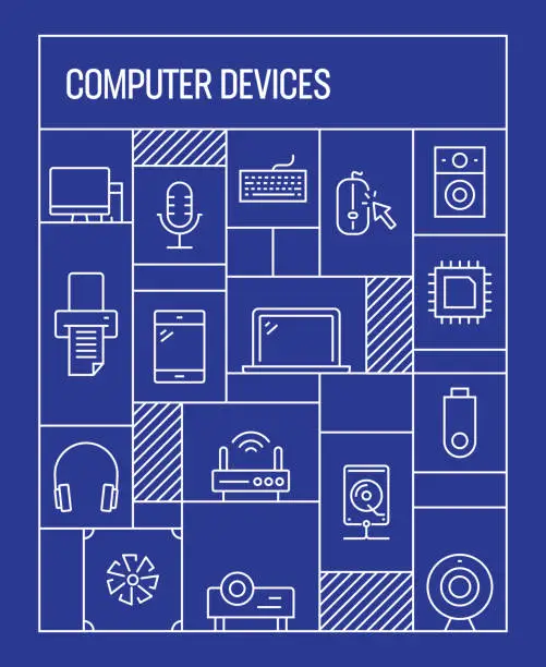 Vector illustration of Computer Devices Concept. Geometric Retro Style Banner and Poster Concept with Computer Devices Line Icons