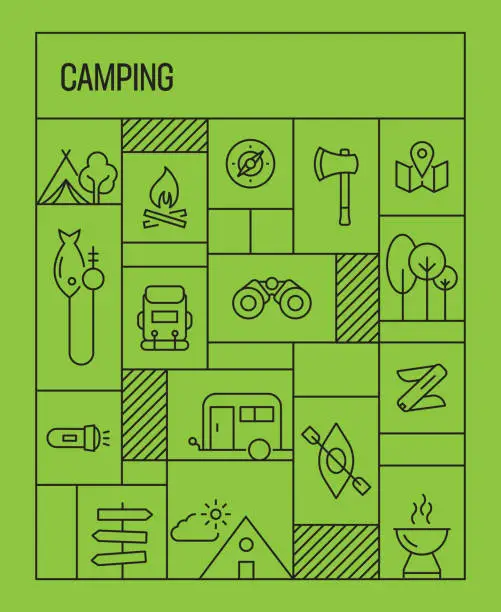 Vector illustration of Camping Concept. Geometric Retro Style Banner and Poster Concept with Camping Line Icons