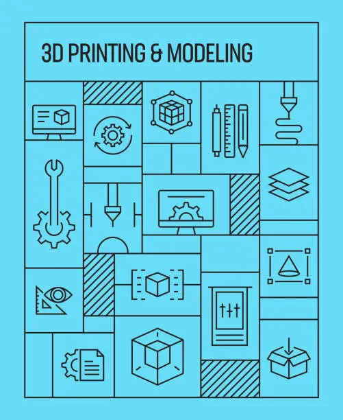 Vector illustration of 3D Printing and Modeling Concept. Geometric Retro Style Banner and Poster Concept with 3D Printing and Modeling Line Icons