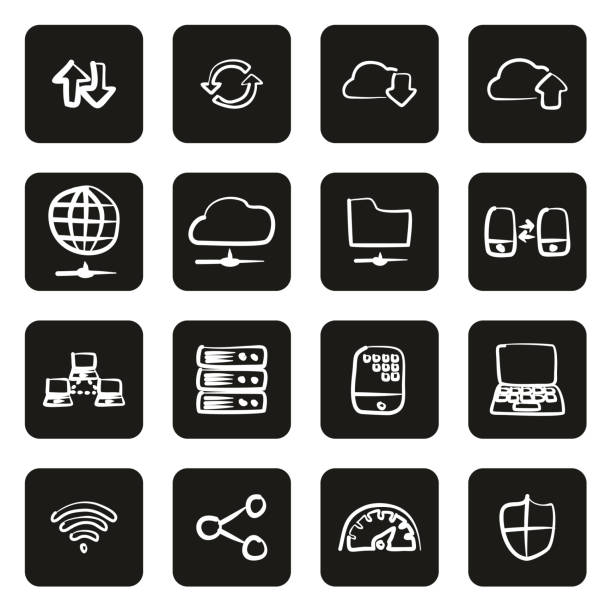 illustrations, cliparts, dessins animés et icônes de icônes de transfert de données à main levée blanc sur fond noir - cloud file application software sharing