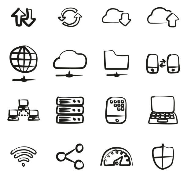 illustrations, cliparts, dessins animés et icônes de icônes de transfert de données à main levée - cloud file application software sharing