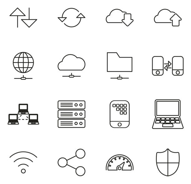 illustrations, cliparts, dessins animés et icônes de icônes de transfert de données thin line vector illustration set - cloud file application software sharing