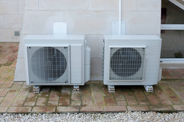 two air conditioning units - house residential structure two objects building exterior imagens e fotografias de stock