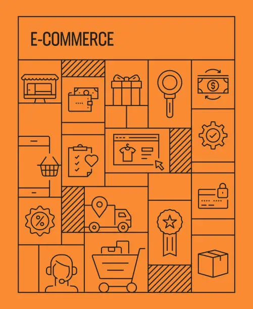 Vector illustration of E-Commerce Concept. Geometric Retro Style Banner and Poster Concept with E-Commerce Line Icons