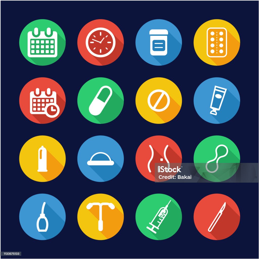 Contraception Methods Icons Flat Design Circle This image is a vector illustration and can be scaled to any size without loss of resolution. Addiction stock vector