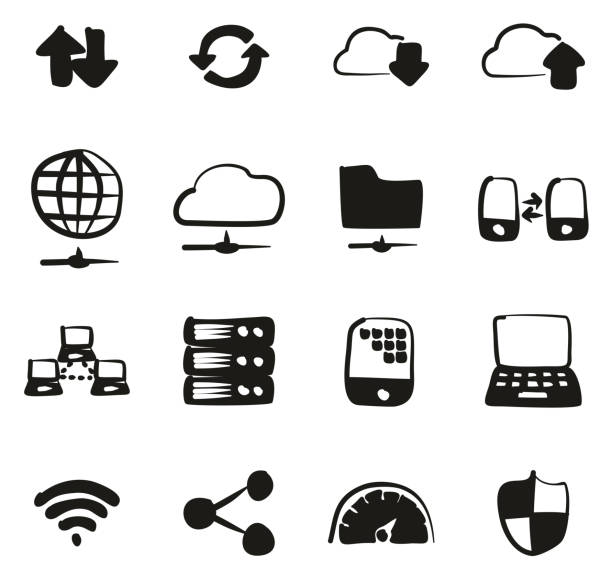 illustrations, cliparts, dessins animés et icônes de icônes de transfert de données remplissage à main levée - cloud file application software sharing