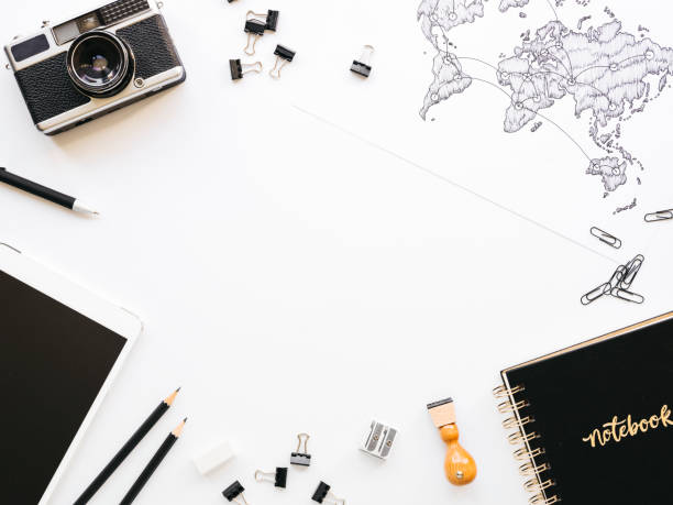 istock Business background with different office supplies and sketches and notes 1133575167