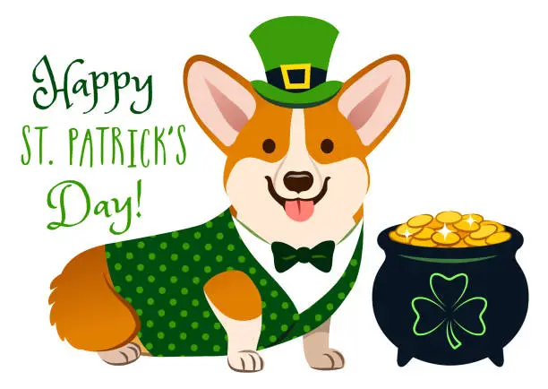 Vector illustration of Cute Welsh corgi dog in St. Patrick's Day costume: green top hat, vest and bow tie, pot of gold filled with coins, with shamrock sign. 