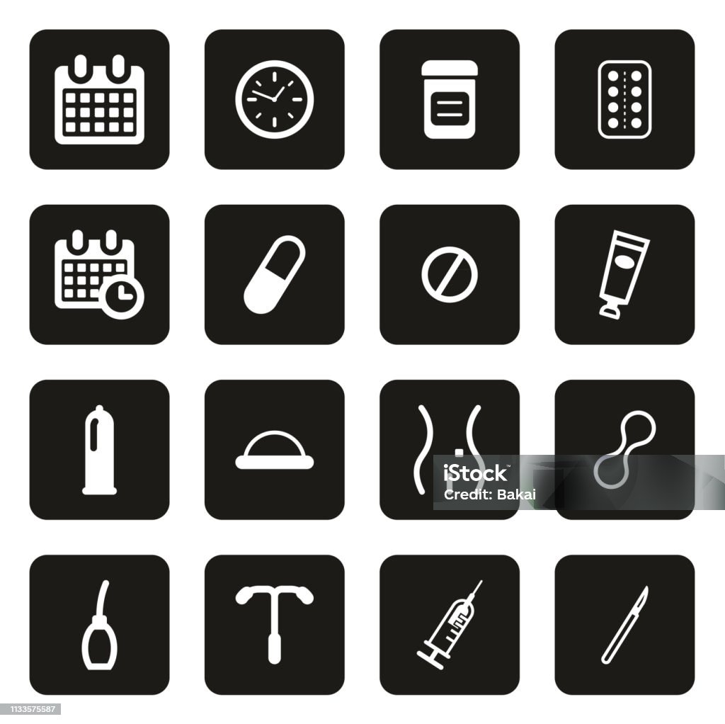 Contraception Methods Icons White On Black This image is a vector illustration and can be scaled to any size without loss of resolution. Icon Symbol stock vector
