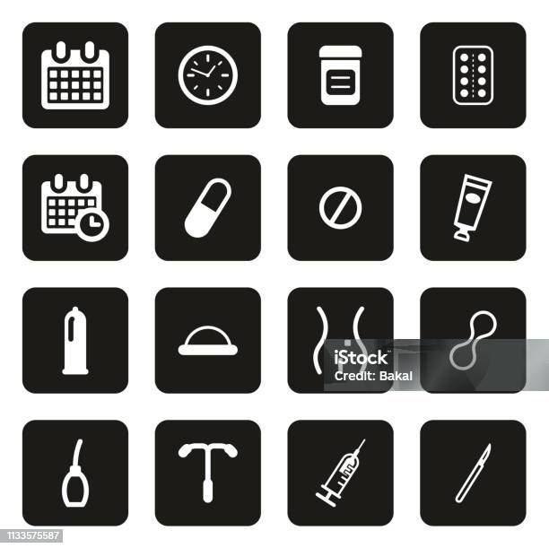 Contraception Methods Icons White On Black Stock Illustration - Download Image Now - Icon Symbol, IUD, Healthcare And Medicine