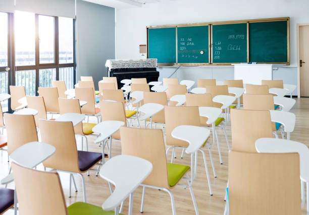 istock Empty classroom with desks and chairs for music lessons 1133576256