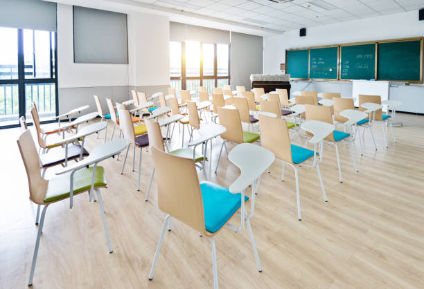 istock Empty classroom with desks and chairs for music lessons 1133576488