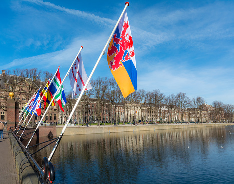 Front is limburg, next Drenthe and Groningen.Regional (provincial) flags across dutch parlement pond provincial elections 20 march 2019