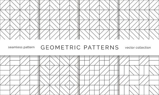 Set of abstract geometric seamless patterns. Black and white background design. Template for prints, wallpaper, wrapping paper, fabrics, covers, flyers, banners and posters. Vector illustration.