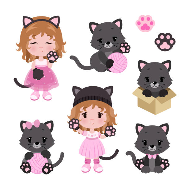 illustrazioni stock, clip art, cartoni animati e icone di tendenza di vettoriale carino bambina in costume da gatto e gatti. set di cartoni animati. - hat toddler little girls pink