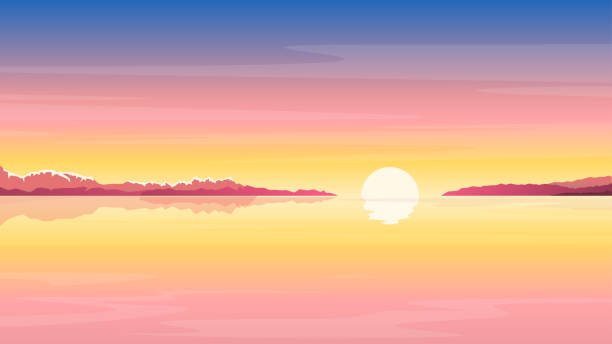 illustrazioni stock, clip art, cartoni animati e icone di tendenza di sunrise_at_sea_nature_background - dawn lake sky sunrise