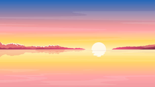 ilustrações, clipart, desenhos animados e ícones de sunrise_at_sea_nature_background - mountain mist fog lake