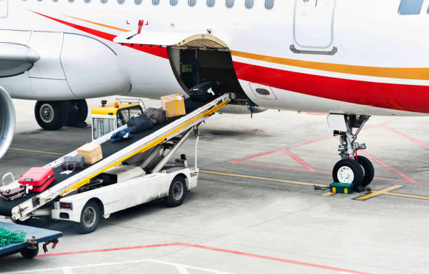 istock Loading luggage to airplane in airport 1133579681