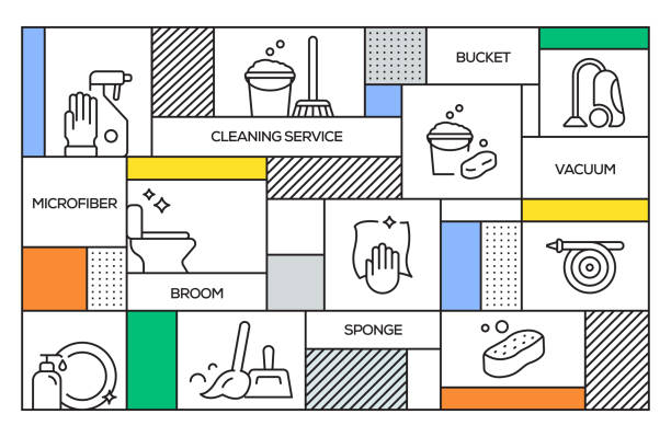 Cleaning Service Concept. Geometric Retro Style Banner and Poster Concept with Cleaning Service Line Icons