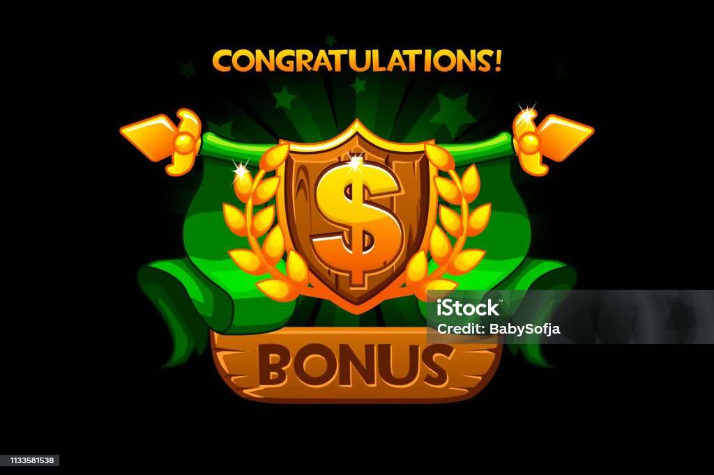 Receiving the cartoon achievement game screen. Vector Award Shield icon. Dollar sign. For game, user interface, banner, application, game development. Receiving the cartoon achievement game screen. Vector Award Shield icon. Dollar sign. For game, user interface, banner, application, game development. Objects on a separate layer. Gambling stock vector